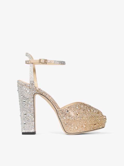 JIMMY CHOO Sacaria Platform 120 Gold Satin Platform Sandals with Dégradé Crystals