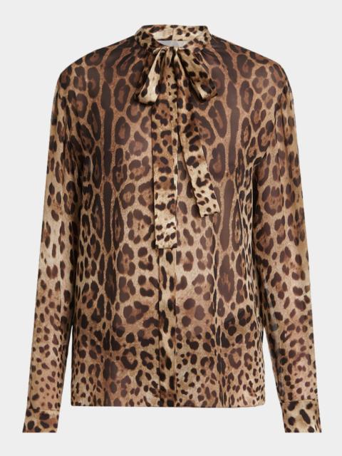Dolce & Gabbana Leopard-Print Silk Bow-Neck Blouse