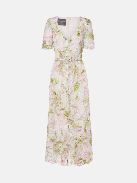 Monique Lhuillier Belted lace midi dress