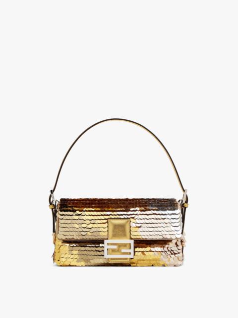 FENDI Medium 1997 Baguette bag with all-over metallic sequin embroidery in shades of gold creating a diago