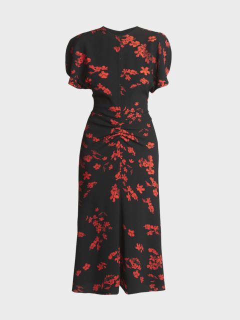 Victoria Beckham Gathered Waist Floral Print Midi Dress