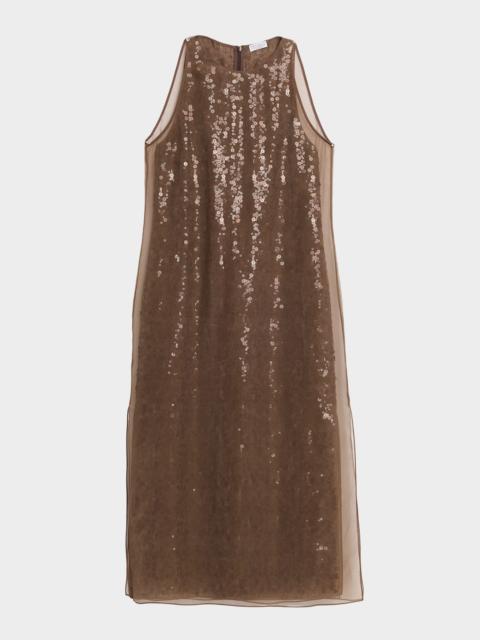 Brunello Cucinelli Sequined Crispy Silk Chiffon Layered Midi Dress