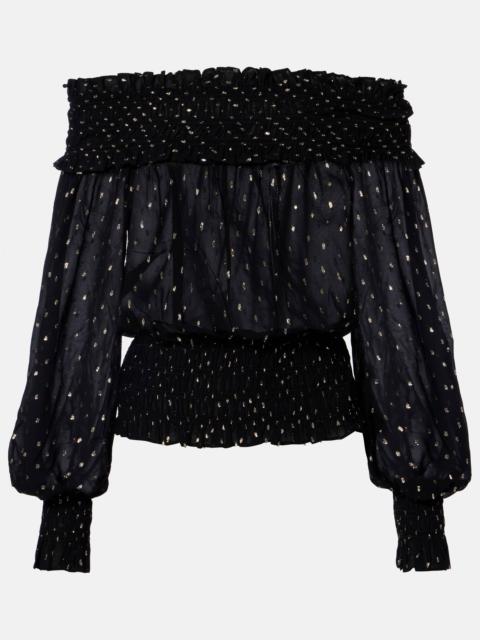 self-portrait Shirred metallic-effect off-shoulder top