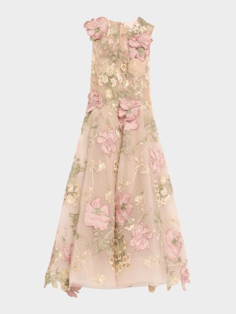 Marchesa Floral Embroidered Sleeveless Tea-Length Dress