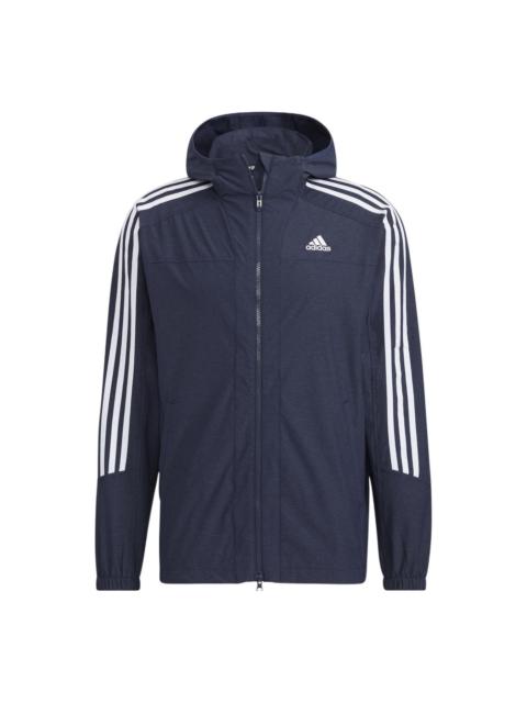 Men's adidas Contrasting Colors Stripe Sports Hooded Jacket Legendary Ink Blue HC9956