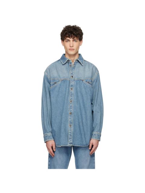 Moschino Blue Laurel Crown Emblem Denim Shirt