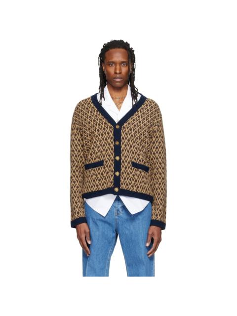 Valentino Beige & Navy Jacquard Logo Wool Cardigan