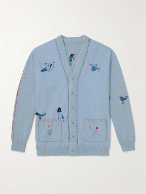 Magpie Embroidered Chambray-Trimmed Cotton Cardigan