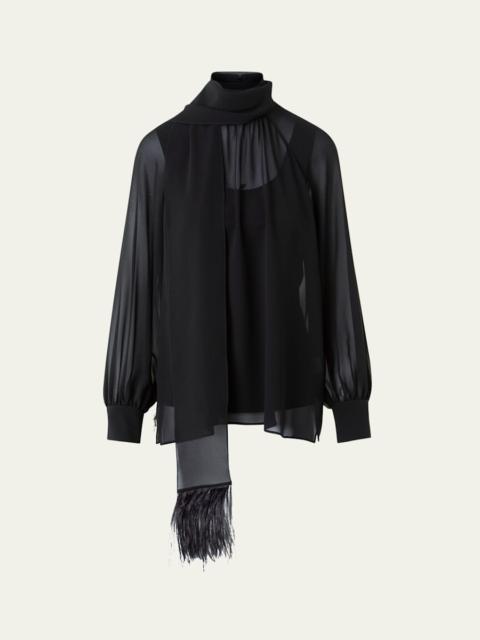 AKRIS Feather-Trim Scarf Silk Georgette Blouse