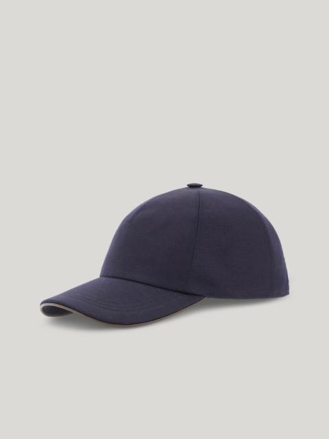 Canali BLUE BASEBALL CAP IN A WOOL AND LINEN BLEND WITH NAPPA LEATHER DETAILS