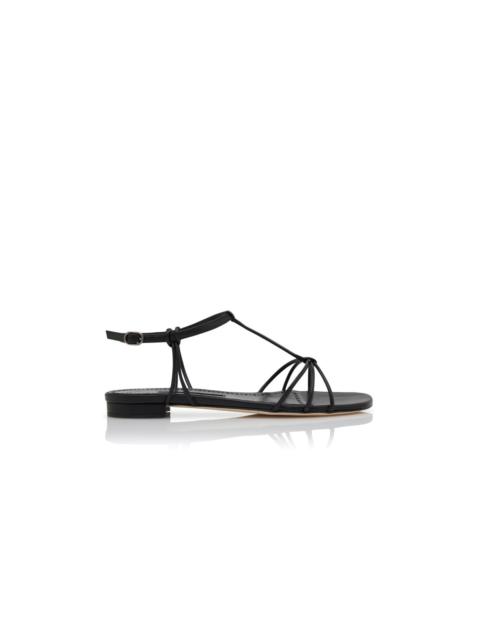 Black Nappa Leather Ankle Strap Flat Sandals