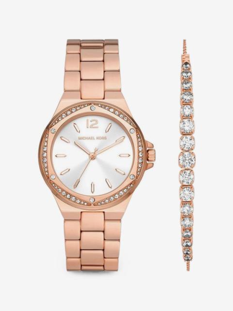 MICHAEL KORS Lennox pavé rose-gold-tone watch and bracelet gift set