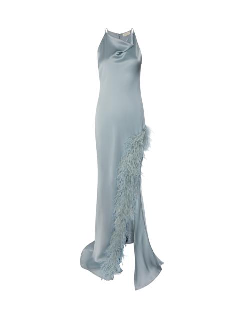 LAPOINTE Satin Halter Gown with Feathers