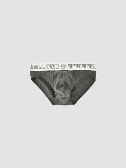 VERSACE Men's Medusa Head Greco-Trim Jersey Brief - Grey Melange Bianco Palladio