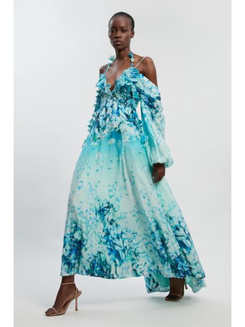 KAREN MILLEN Floral Applique Printed Cold Shoulder Woven Maxi Dress
