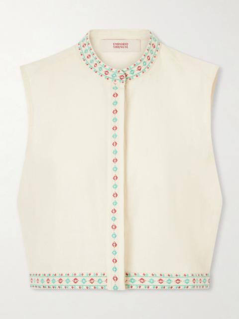 EMPORIO SIRENUSE Andorra Astragal Mare embroidered linen and cotton-blend top Cream