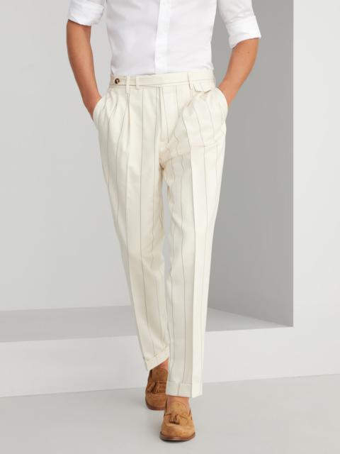 Wool and Sea Island cotton chalk stripe gabardine leisure fit double-pleated trousers with tabbed wa