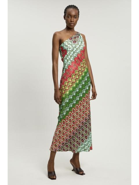 KAREN MILLEN Satin Viscose Multi Print One Shoulder Maxi Dress