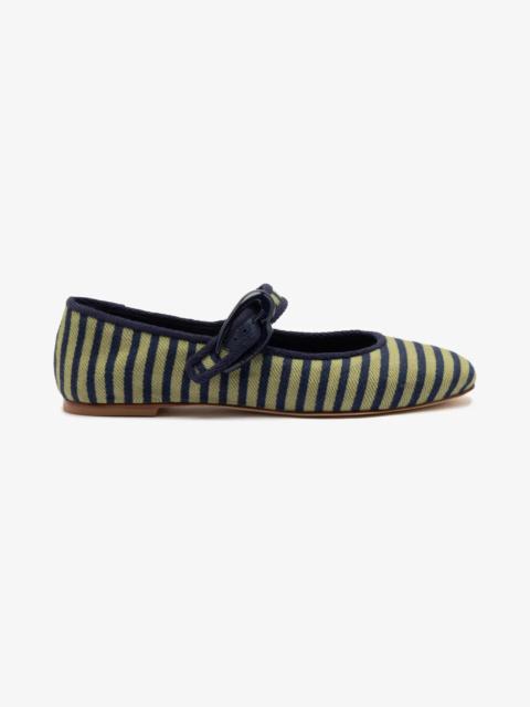 Larroudé Verona Ballet Flat In Navy and Green Striped Fabric and Navy Trimming