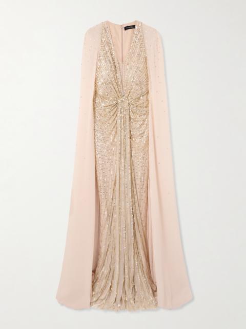 JENNY PACKHAM Zenith Cape-effect Embellished Sequined Chiffon Gown