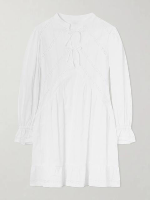 LORETTA CAPONI Recanati Ruffled Pleated Lace-trimmed Cotton Mini Dress