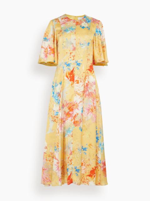 markarian Sarah Printed Satin Midi Dress with Flutter Sleeve in Yellow Peony