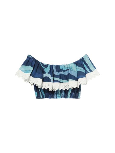 wave-print ruffle-detailing top