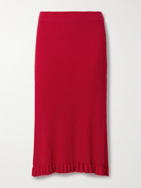 BRANDON MAXWELL The Grace Asymmetric Ruffled Ribbed Cashmere Midi Skirt