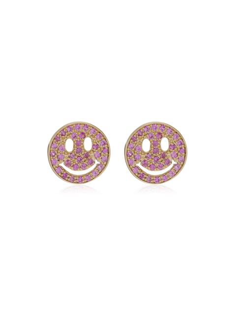 SYDNEY EVAN Happy Face 14K Yellow Gold Sapphire Earrings pink