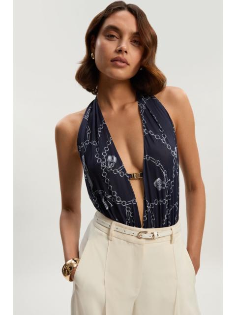 KAREN MILLEN Chain Print Plunge Halter Neck Trim Detail Mesh Bodysuit