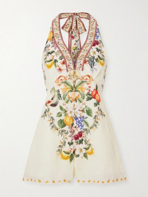 CAMILLA Embellished floral-print linen playsuit Cream