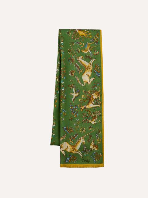 Drake's Olive Unicorn Garden Print Tubular Wool-Silk Scarf