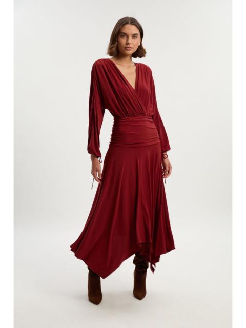 KAREN MILLEN Stretch Drapey Crepe Ruched Plunge Neck Batwing Sleeve Maxi Dress