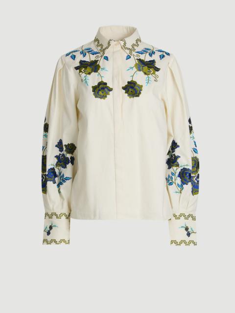 KAREN MILLEN Rose Embroidered Cotton Twill Woven Blouse