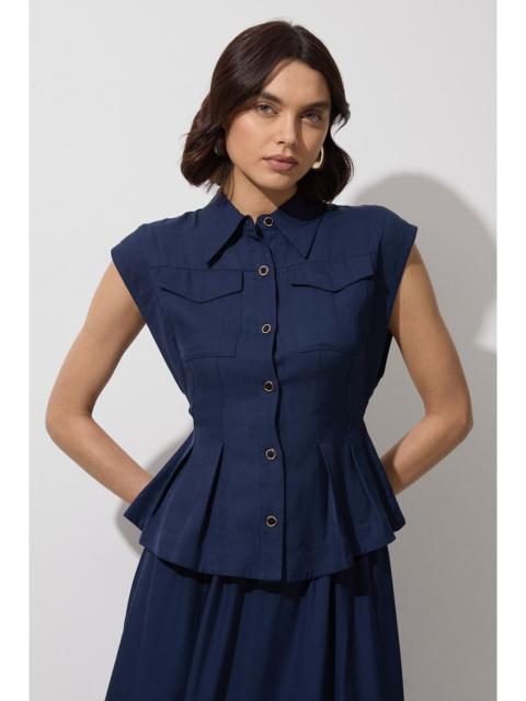 KAREN MILLEN Tall Premium Viscose Linen Topstitch Woven Blouse With Waist Seam Detail