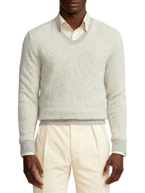 Herringbone Cashmere V-Neck Sweater