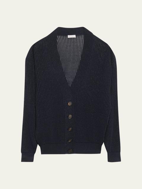 Brunello Cucinelli Echo Metallic Open Knit V-Neck Cardigan