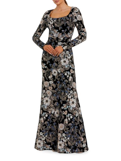 MAC DUGGAL Women's Embroidered Velvet Long-Sleeve Gown - Black Multi