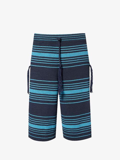 Striped tassel-embellished cotton-blend shorts