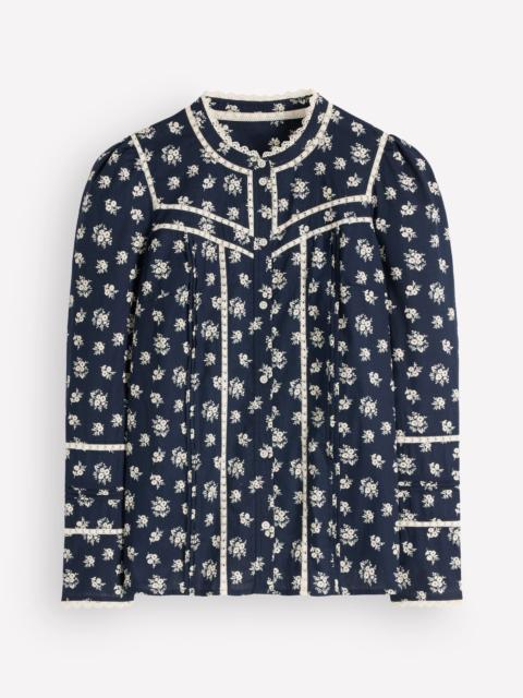 BODEN Carmen Lace Trim Cotton Top-French Navy, Delicate Garden