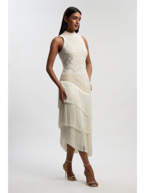 KAREN MILLEN Fringed Asymmetric Beaded Halter Neck Woven Maxi Dress