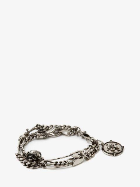 Alexander McQueen Safety Pin And Medallion Chain Bracelet in Antique Silver