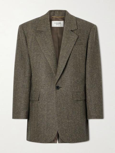 SAINT LAURENT Herringbone wool and silk-blend blazer Brown
