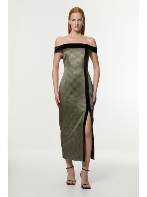 KAREN MILLEN Petite Geo Jacquard Velvet Mix Tailored Bardot Midi Dress