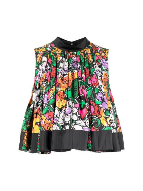 floral-print pleated sleeveless blouse