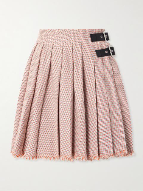 Jil Sander Belted Pleated Frayed Checked Cotton And Wool-blend Mini Skirt