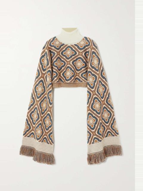 Etro Fringed wool-blend jacquard turtleneck poncho