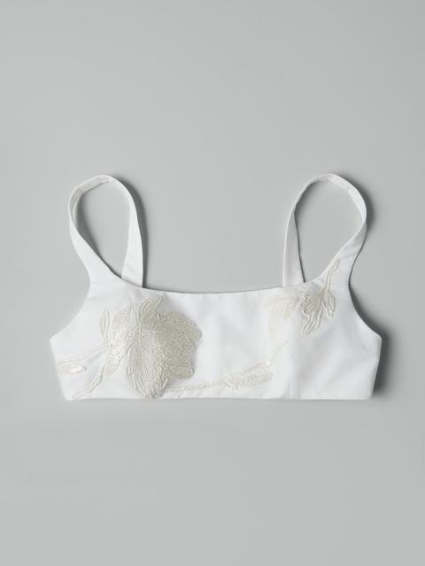 Brunello Cucinelli Lightweight wrinkled cotton poplin crop top with dazzling magnolia embroidery