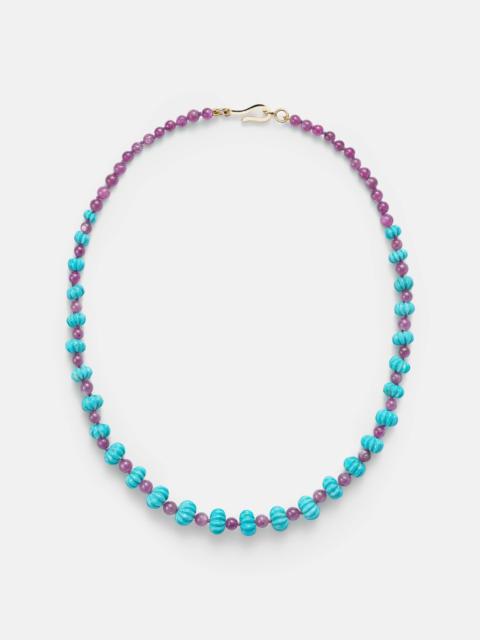 Beaded necklace with turquoises and rubies