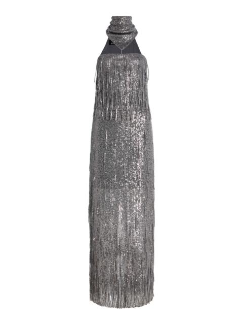 BEVZA Sunbeams Scarf-Neck Fringed Sequined Maxi Dress grey